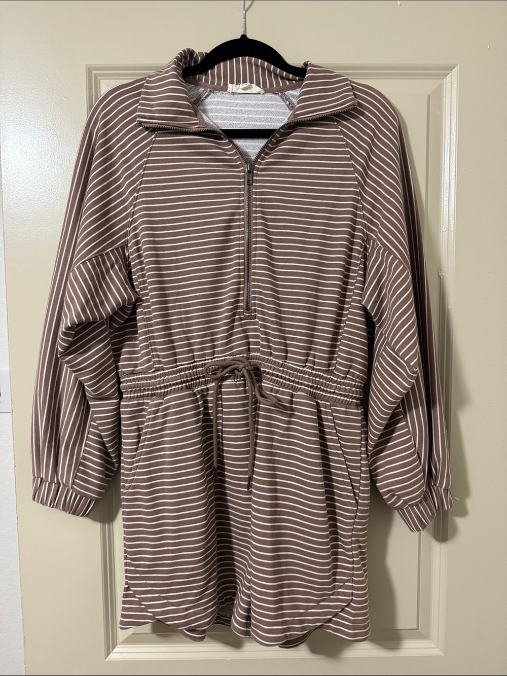 Striped Brown Long Sleeve Drawstring Waist Romper
